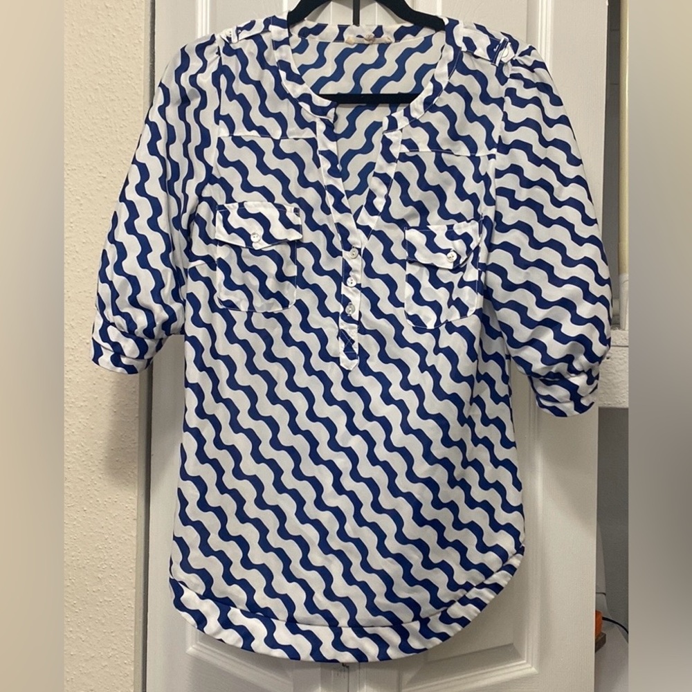 41 Hawthorn Blue and White Chevron Short Sleeve Blouse. From Stitch Fix